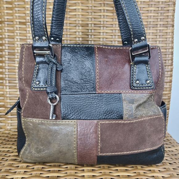 Fossil Shoulder Bag Handbag Purse Patchwork Leather Suede Black Brown Burgundy - Picture 2 of 16